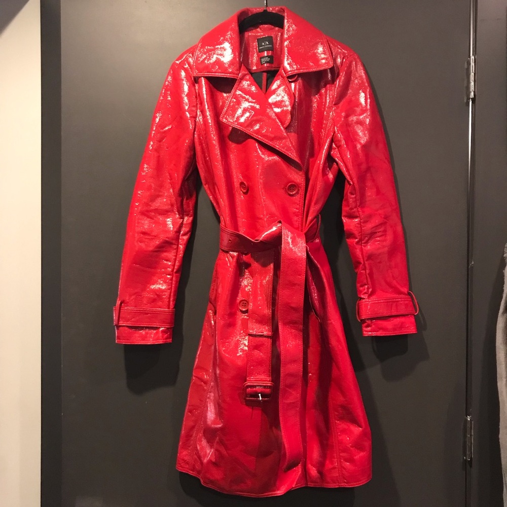 Armani Exchange Red Coated patent look rain coat